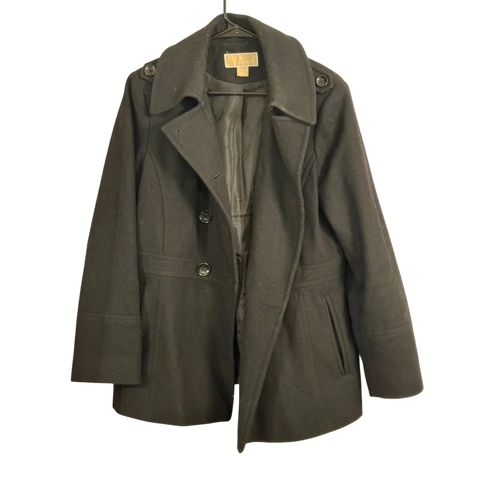 Michael Kors Womens Black Wool Blend Double Breasted‎ Pea Coat Jacket Size L